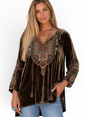 Johnny Was “Naomi Tiger eye” heavily embroidered velvet tunic NWT